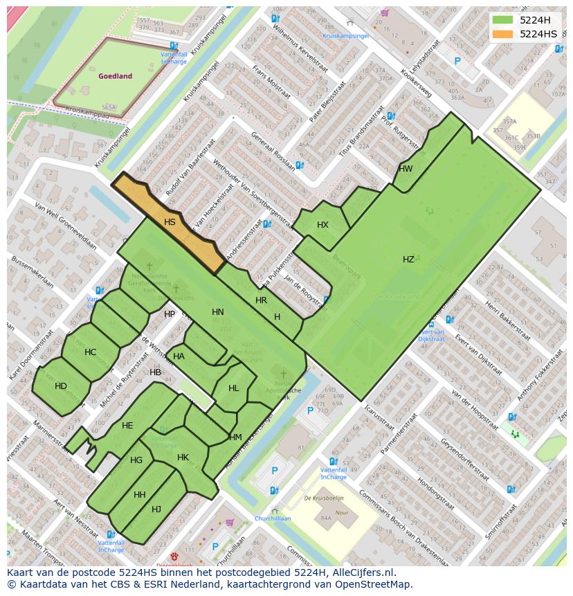 Afbeelding van het postcodegebied 5224 HS op de kaart.