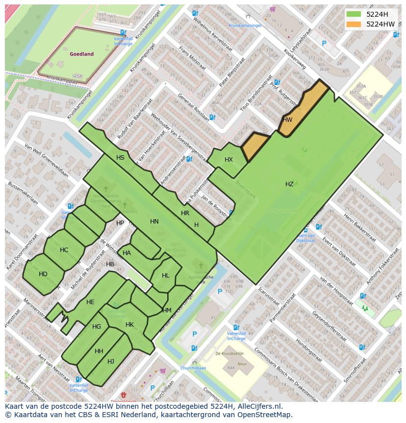 Afbeelding van het postcodegebied 5224 HW op de kaart.