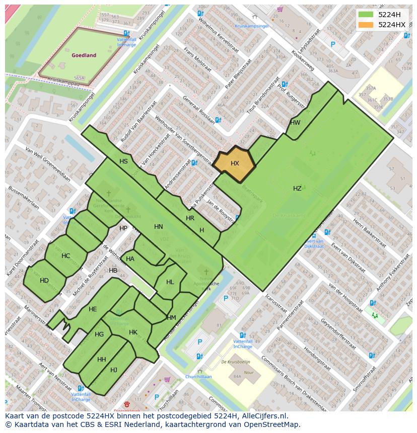 Afbeelding van het postcodegebied 5224 HX op de kaart.