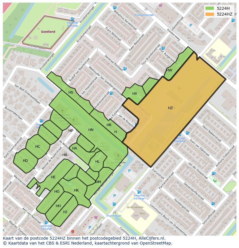 Afbeelding van het postcodegebied 5224 HZ op de kaart.