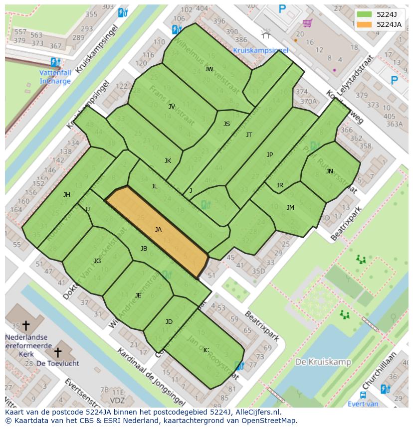 Afbeelding van het postcodegebied 5224 JA op de kaart.