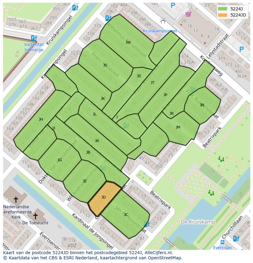 Afbeelding van het postcodegebied 5224 JD op de kaart.
