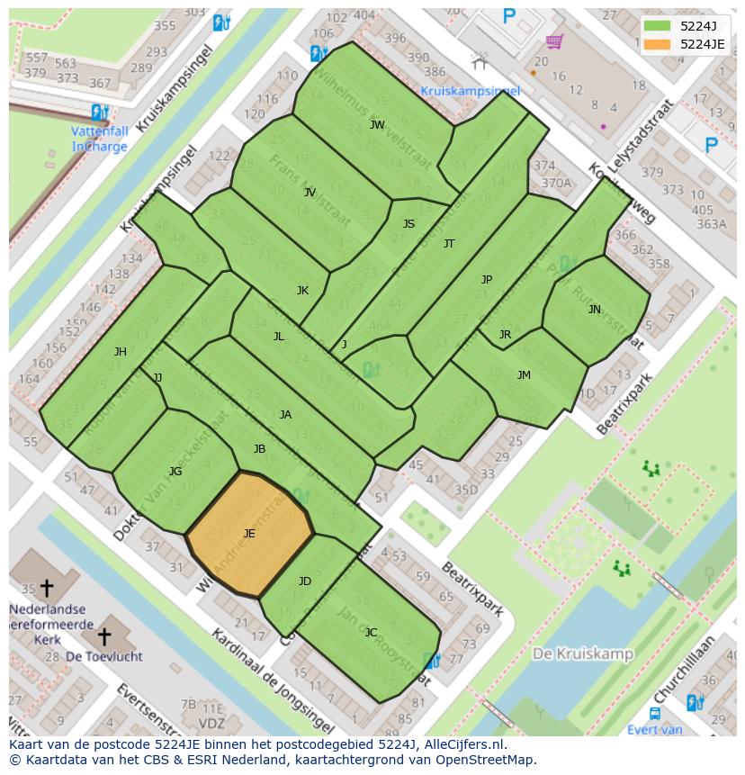 Afbeelding van het postcodegebied 5224 JE op de kaart.
