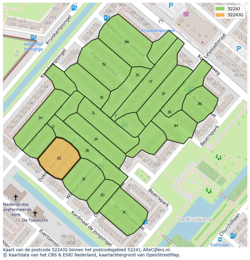 Afbeelding van het postcodegebied 5224 JG op de kaart.
