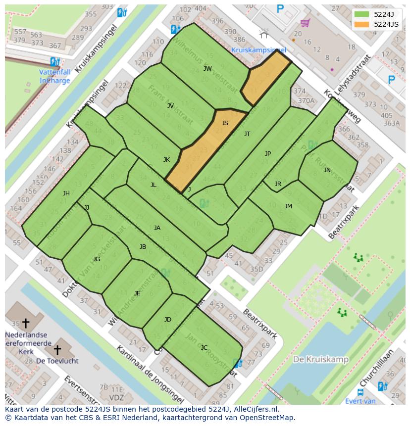 Afbeelding van het postcodegebied 5224 JS op de kaart.