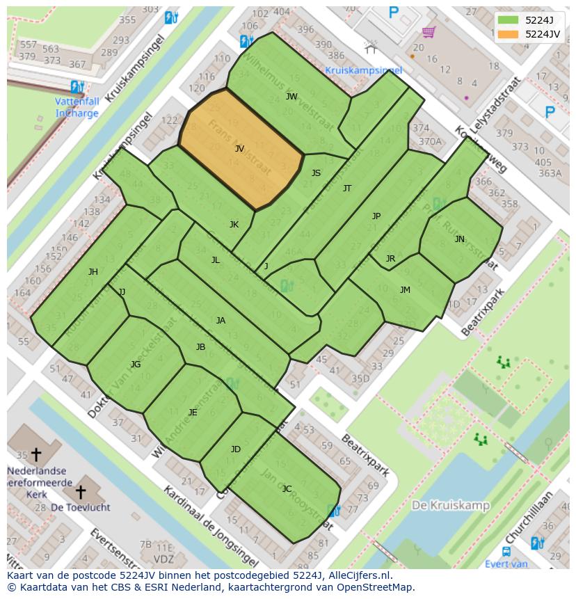 Afbeelding van het postcodegebied 5224 JV op de kaart.
