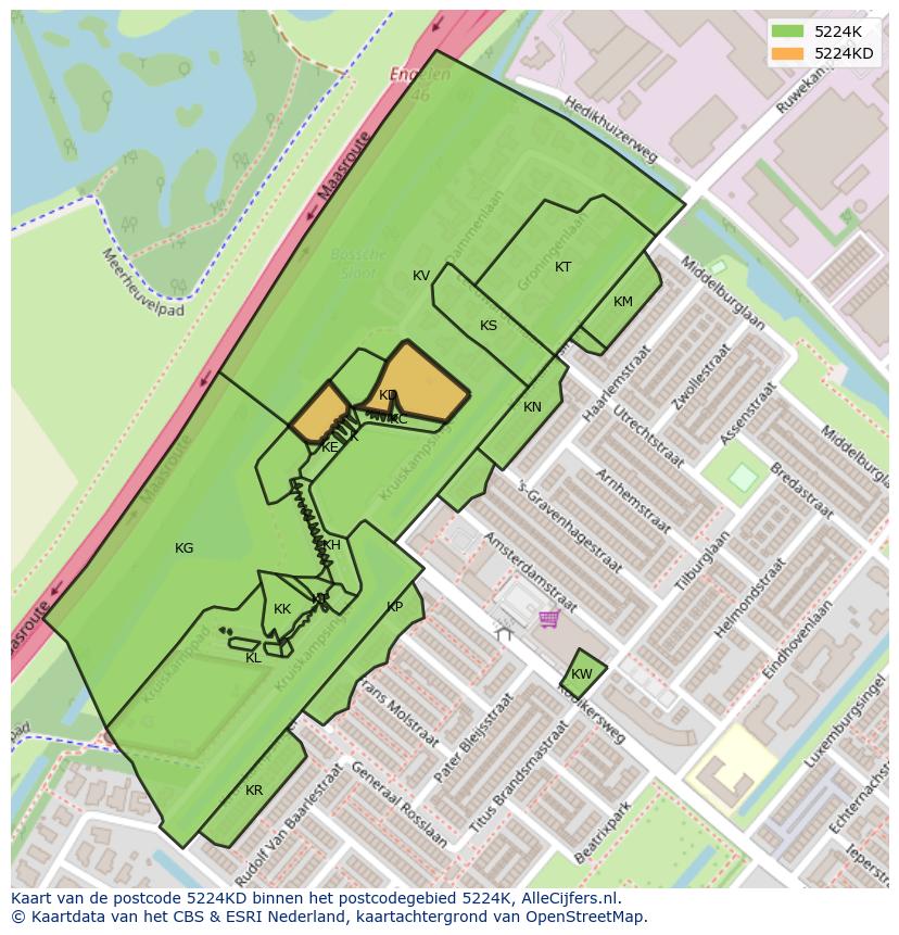 Afbeelding van het postcodegebied 5224 KD op de kaart.