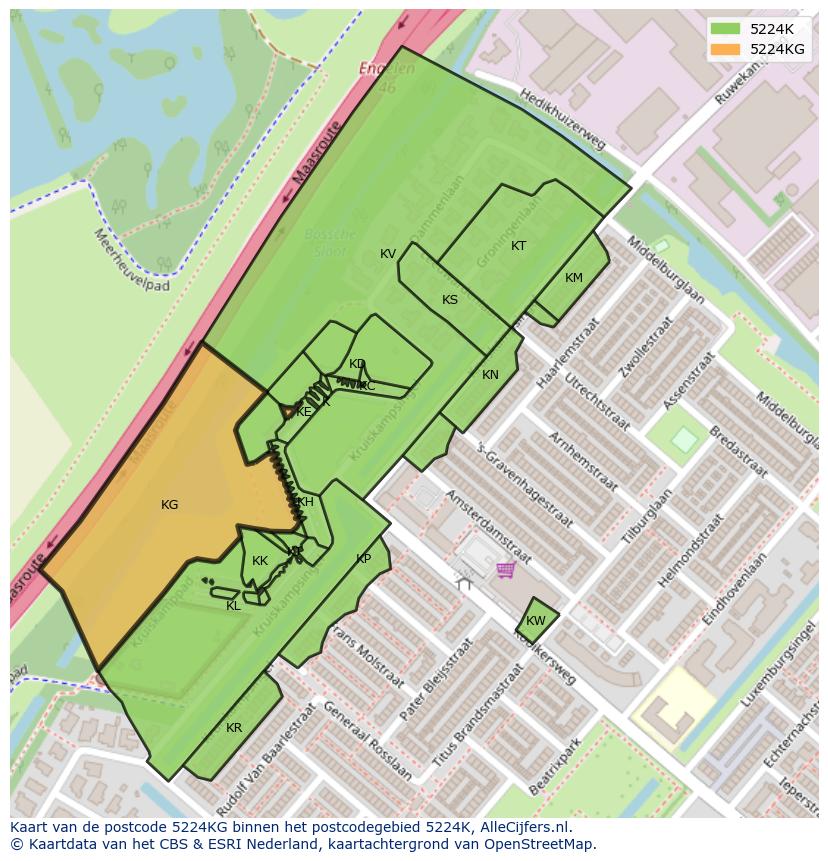Afbeelding van het postcodegebied 5224 KG op de kaart.