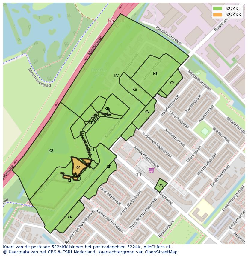 Afbeelding van het postcodegebied 5224 KK op de kaart.