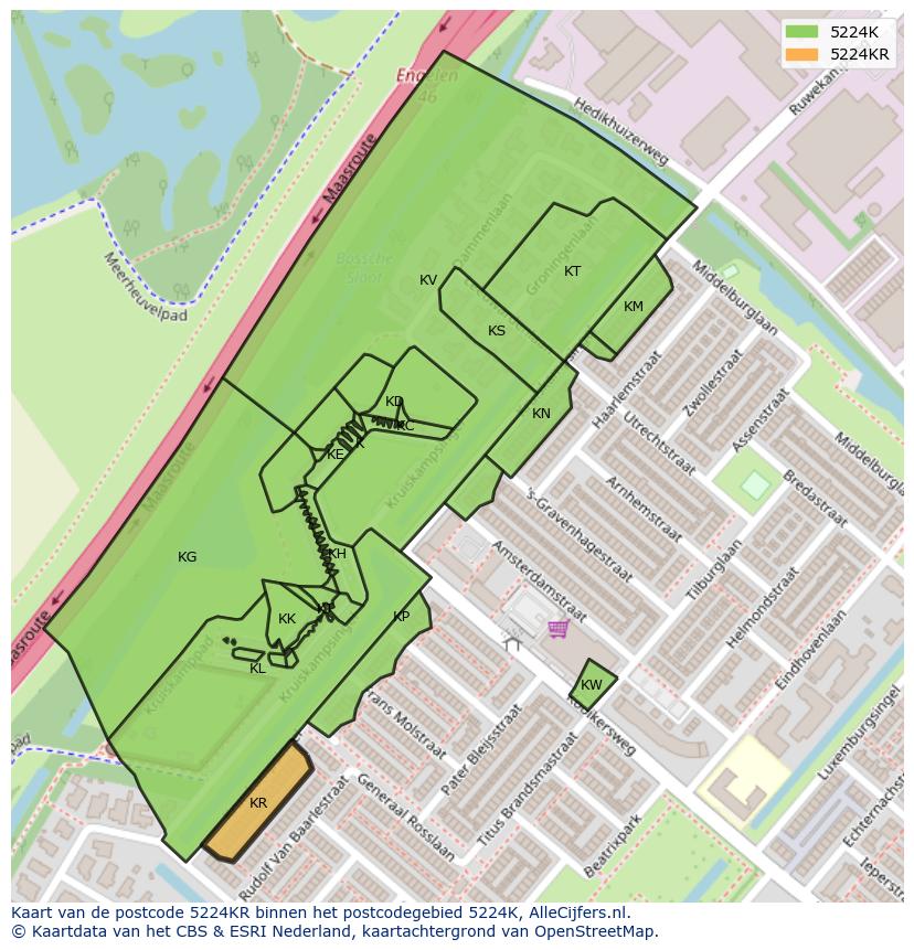 Afbeelding van het postcodegebied 5224 KR op de kaart.