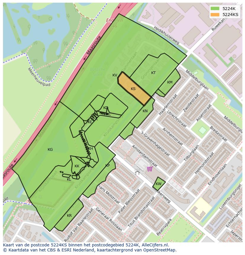 Afbeelding van het postcodegebied 5224 KS op de kaart.