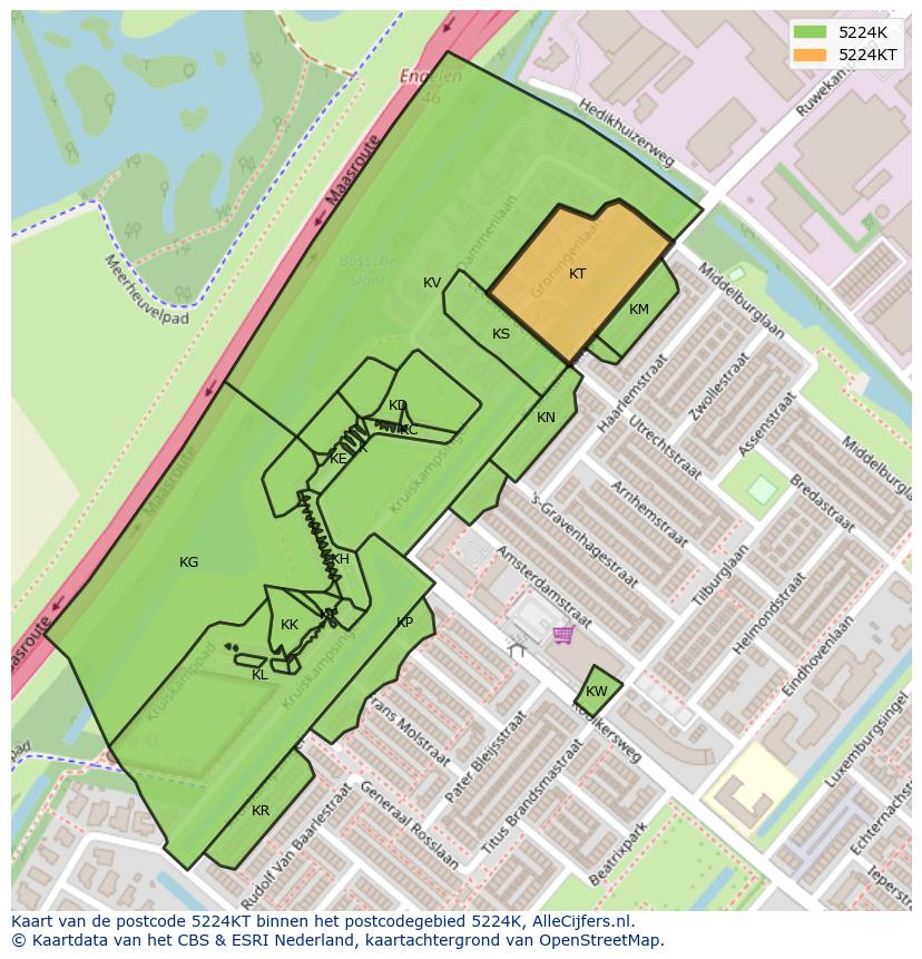 Afbeelding van het postcodegebied 5224 KT op de kaart.