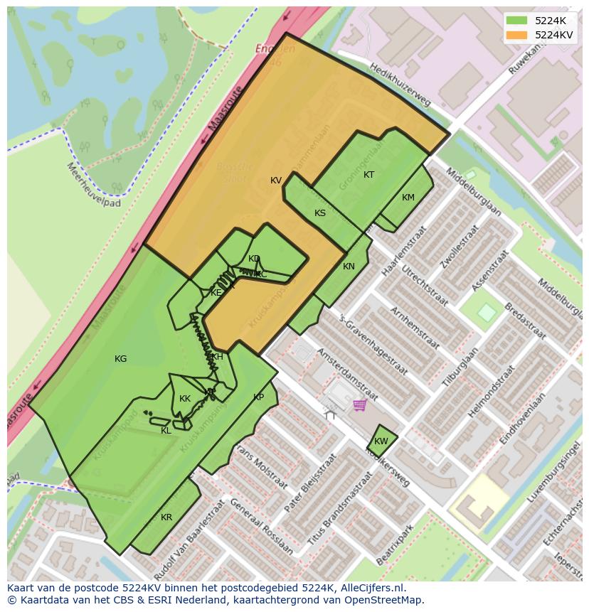 Afbeelding van het postcodegebied 5224 KV op de kaart.