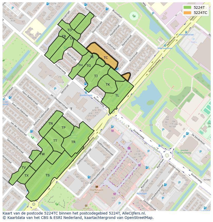 Afbeelding van het postcodegebied 5224 TC op de kaart.