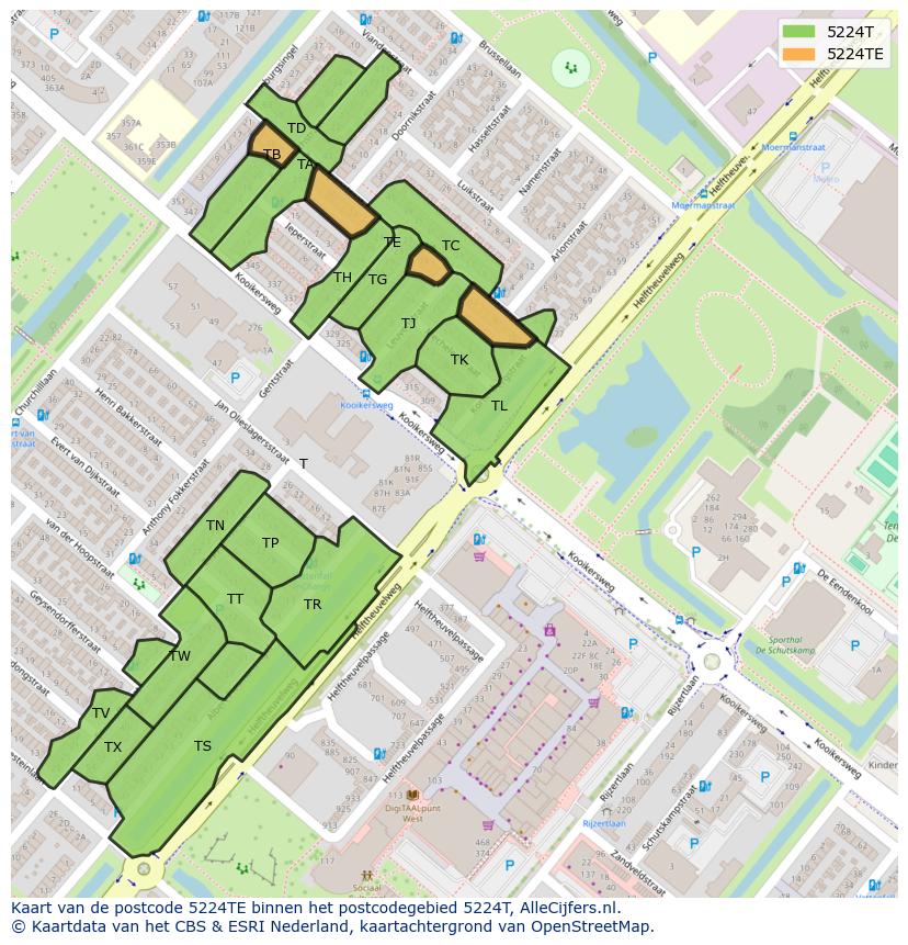 Afbeelding van het postcodegebied 5224 TE op de kaart.