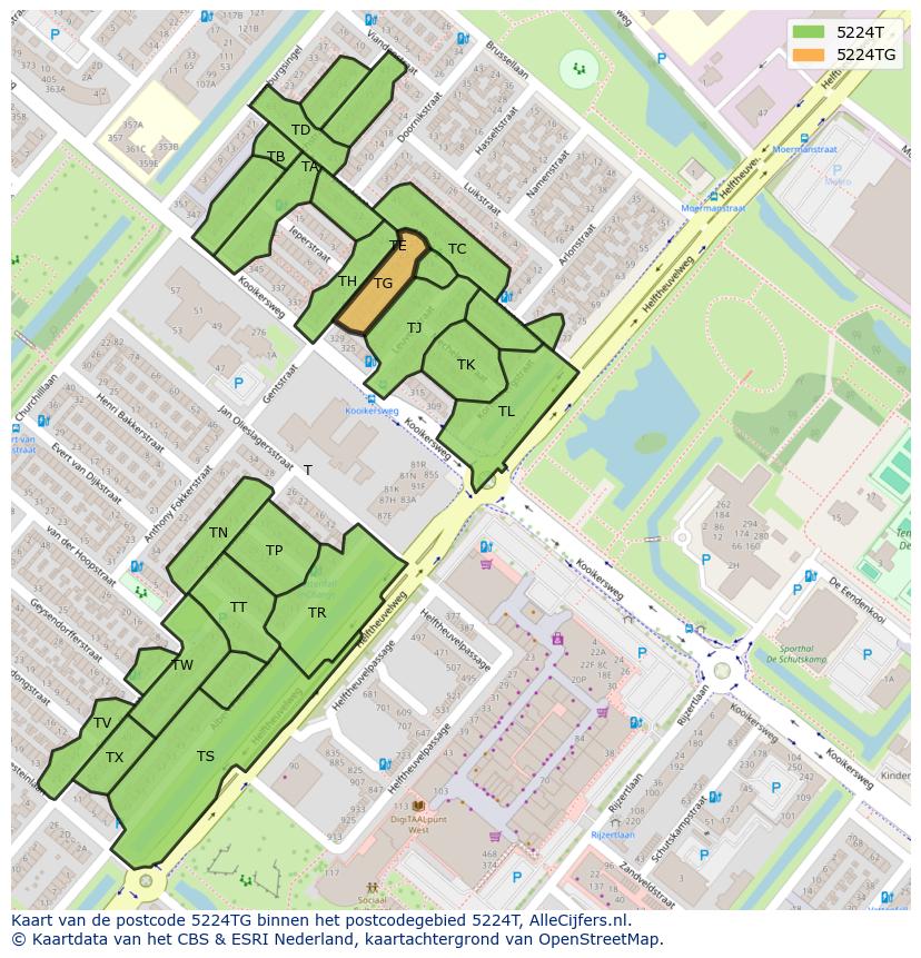 Afbeelding van het postcodegebied 5224 TG op de kaart.
