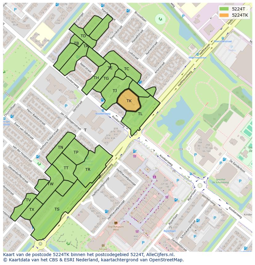 Afbeelding van het postcodegebied 5224 TK op de kaart.