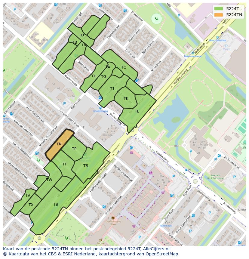 Afbeelding van het postcodegebied 5224 TN op de kaart.