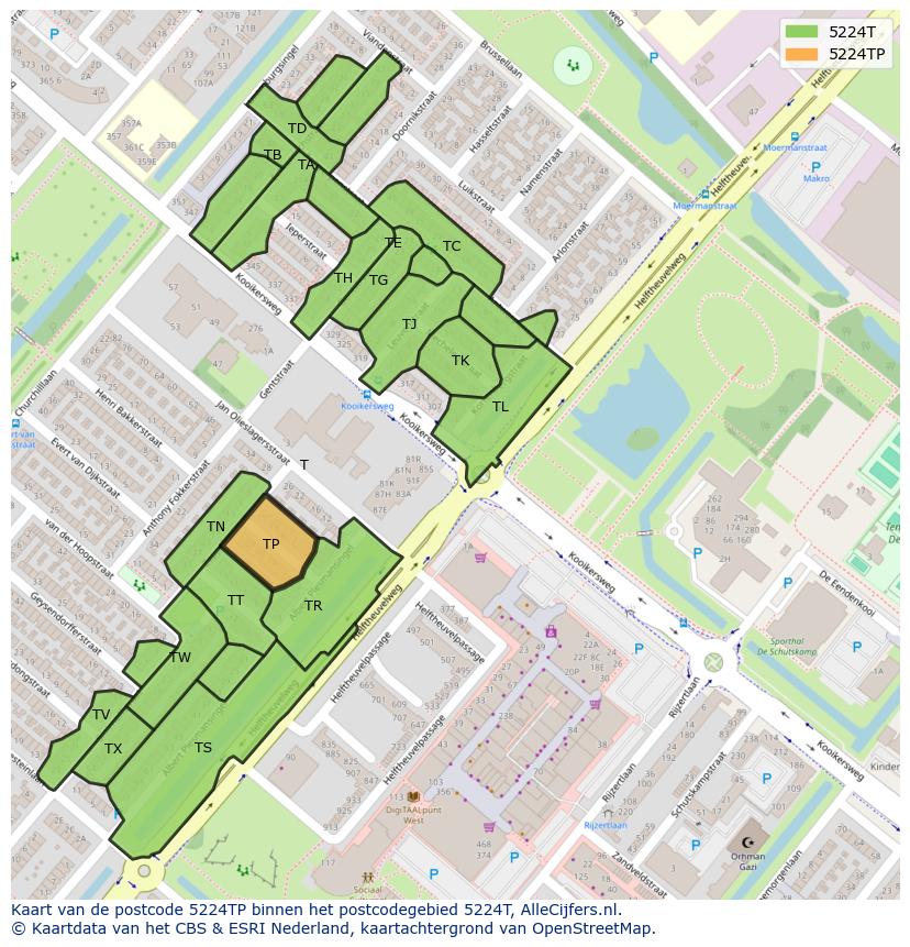 Afbeelding van het postcodegebied 5224 TP op de kaart.