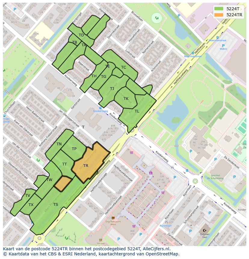 Afbeelding van het postcodegebied 5224 TR op de kaart.