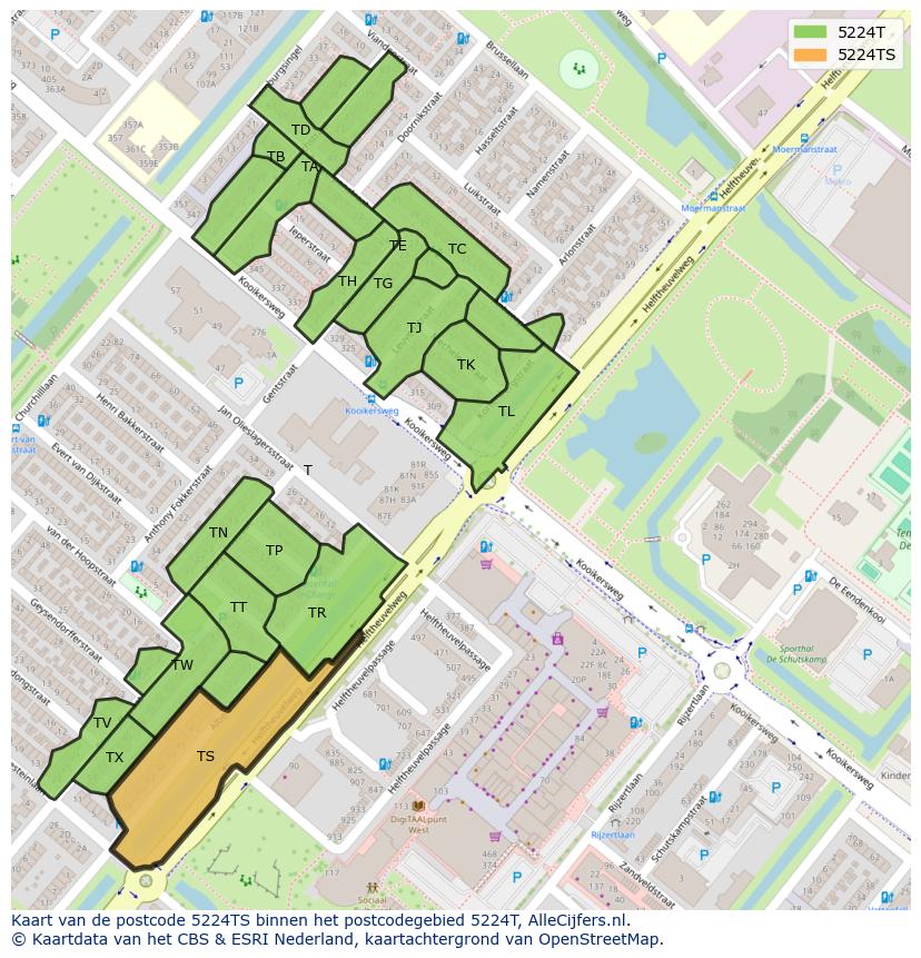Afbeelding van het postcodegebied 5224 TS op de kaart.
