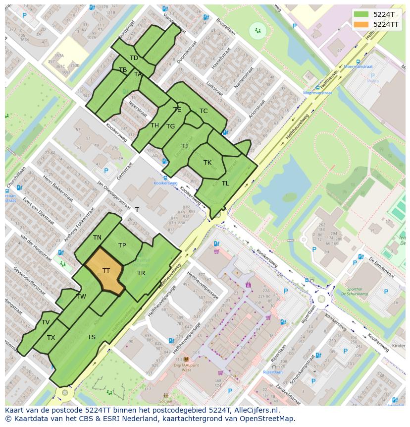 Afbeelding van het postcodegebied 5224 TT op de kaart.