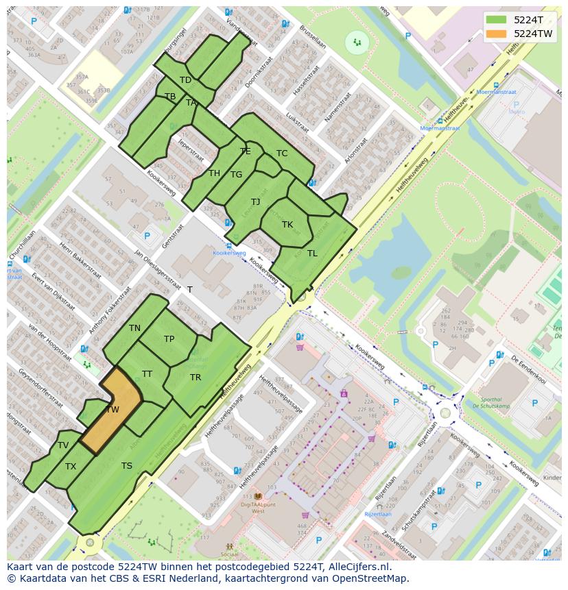 Afbeelding van het postcodegebied 5224 TW op de kaart.