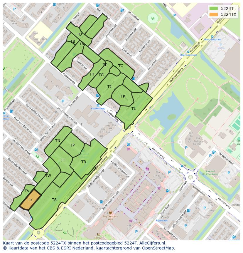 Afbeelding van het postcodegebied 5224 TX op de kaart.