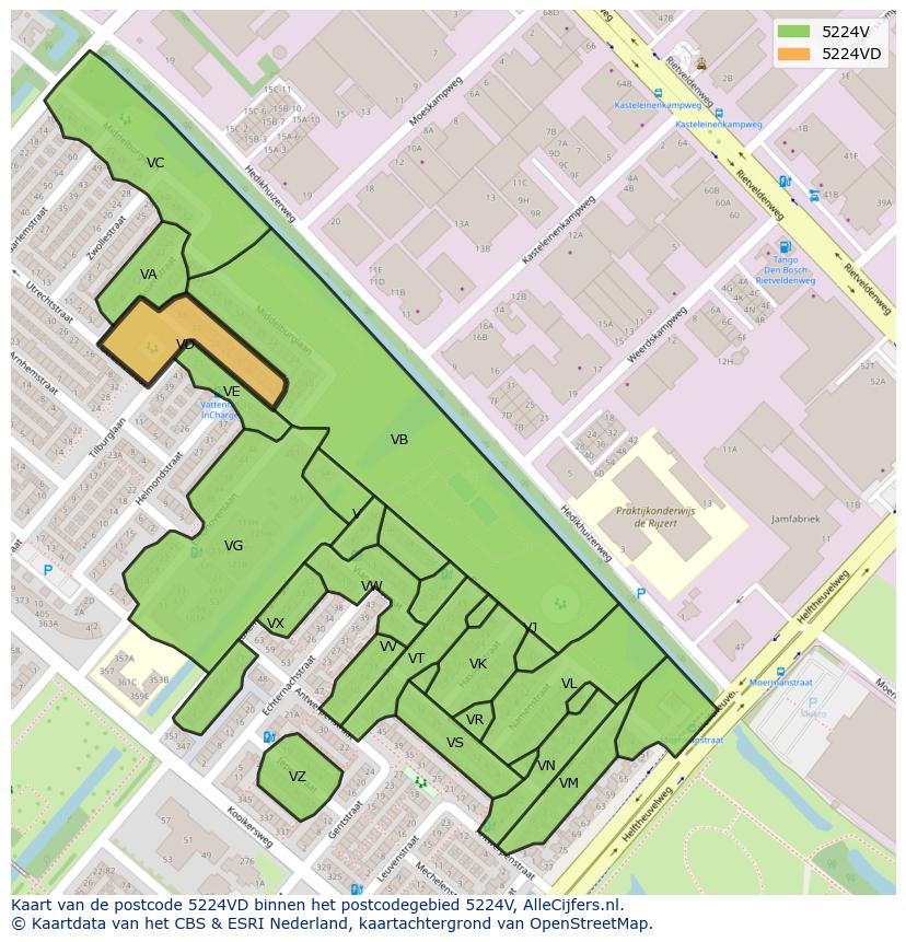 Afbeelding van het postcodegebied 5224 VD op de kaart.
