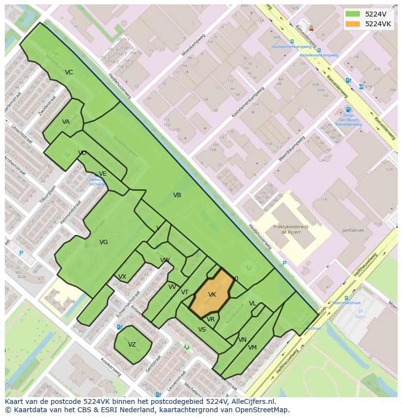 Afbeelding van het postcodegebied 5224 VK op de kaart.