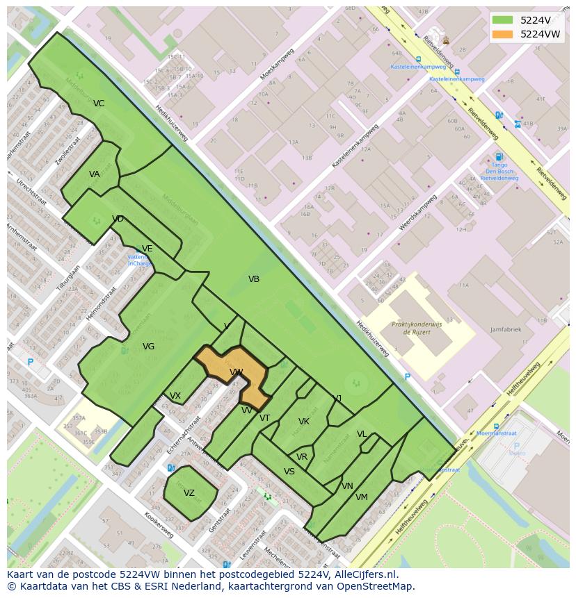 Afbeelding van het postcodegebied 5224 VW op de kaart.