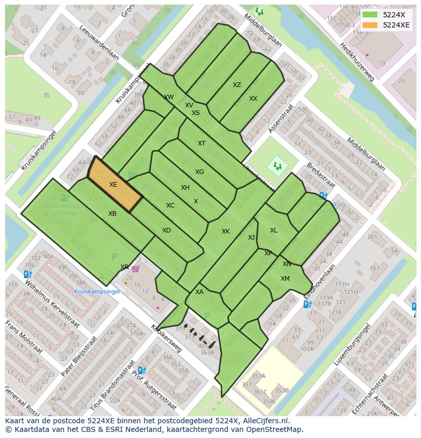 Afbeelding van het postcodegebied 5224 XE op de kaart.