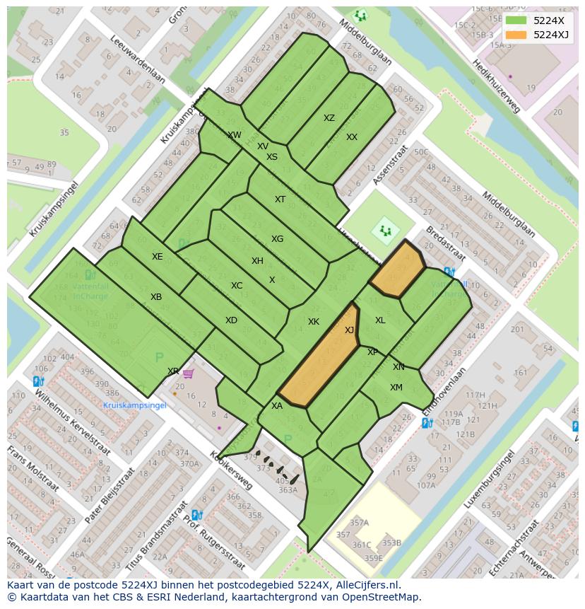 Afbeelding van het postcodegebied 5224 XJ op de kaart.