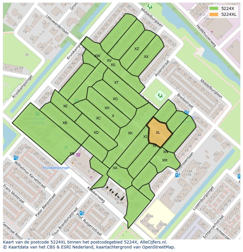 Afbeelding van het postcodegebied 5224 XL op de kaart.