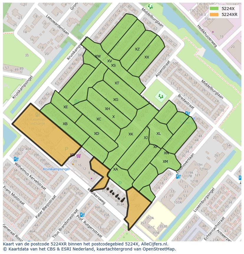Afbeelding van het postcodegebied 5224 XR op de kaart.
