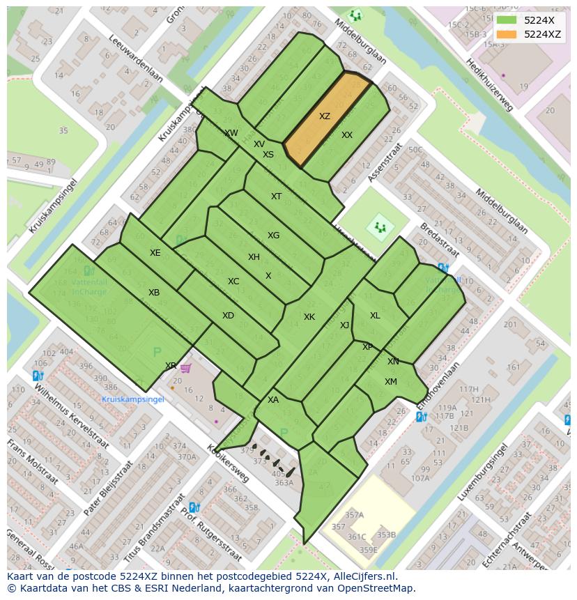 Afbeelding van het postcodegebied 5224 XZ op de kaart.