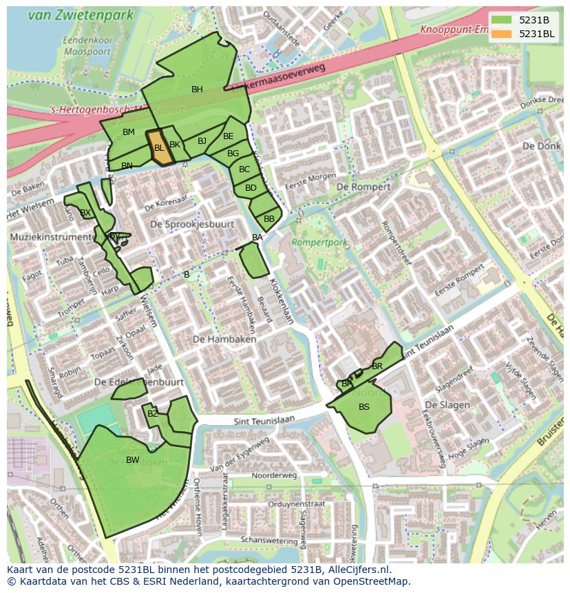 Afbeelding van het postcodegebied 5231 BL op de kaart.