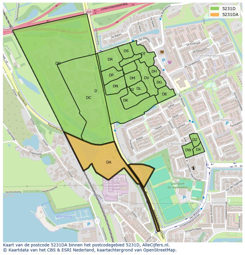 Afbeelding van het postcodegebied 5231 DA op de kaart.