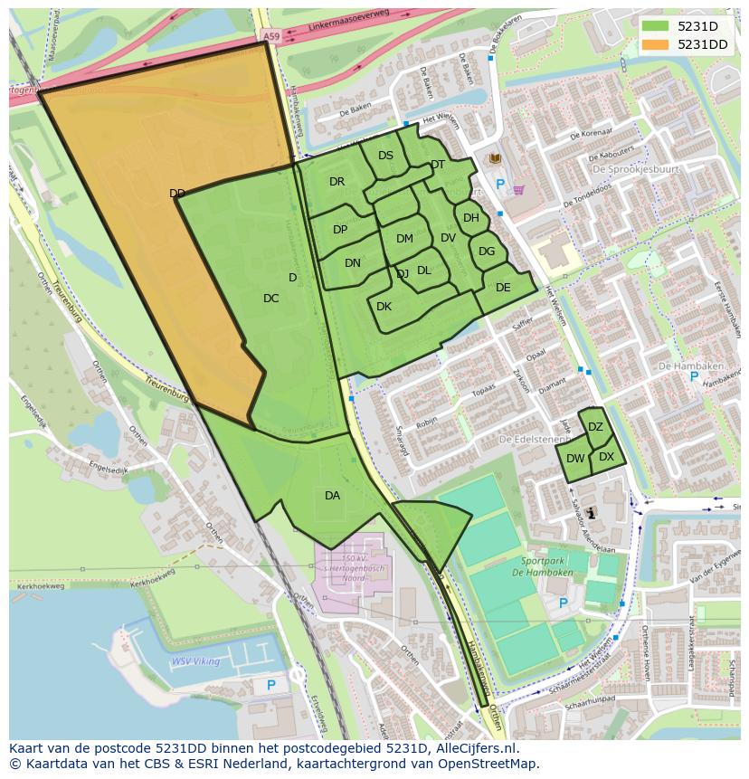 Afbeelding van het postcodegebied 5231 DD op de kaart.