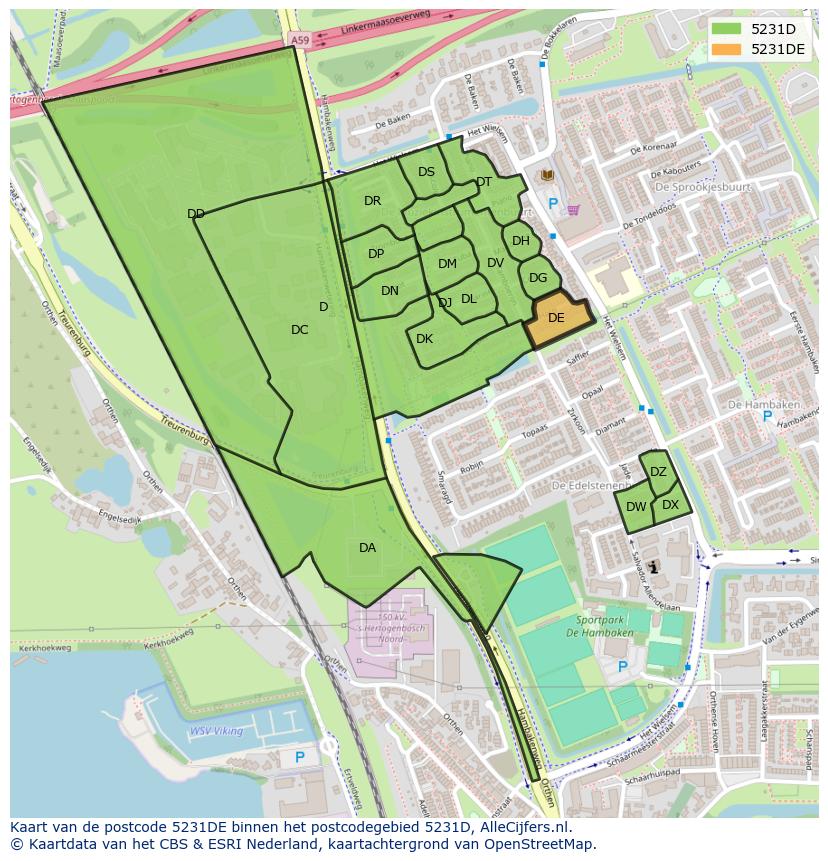 Afbeelding van het postcodegebied 5231 DE op de kaart.