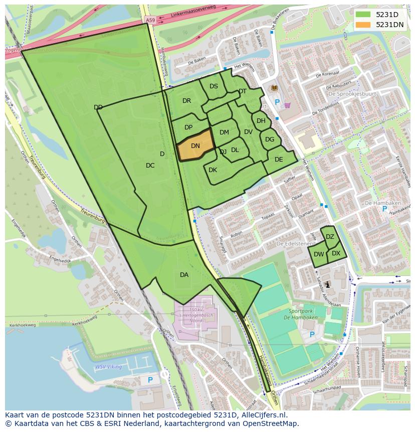 Afbeelding van het postcodegebied 5231 DN op de kaart.