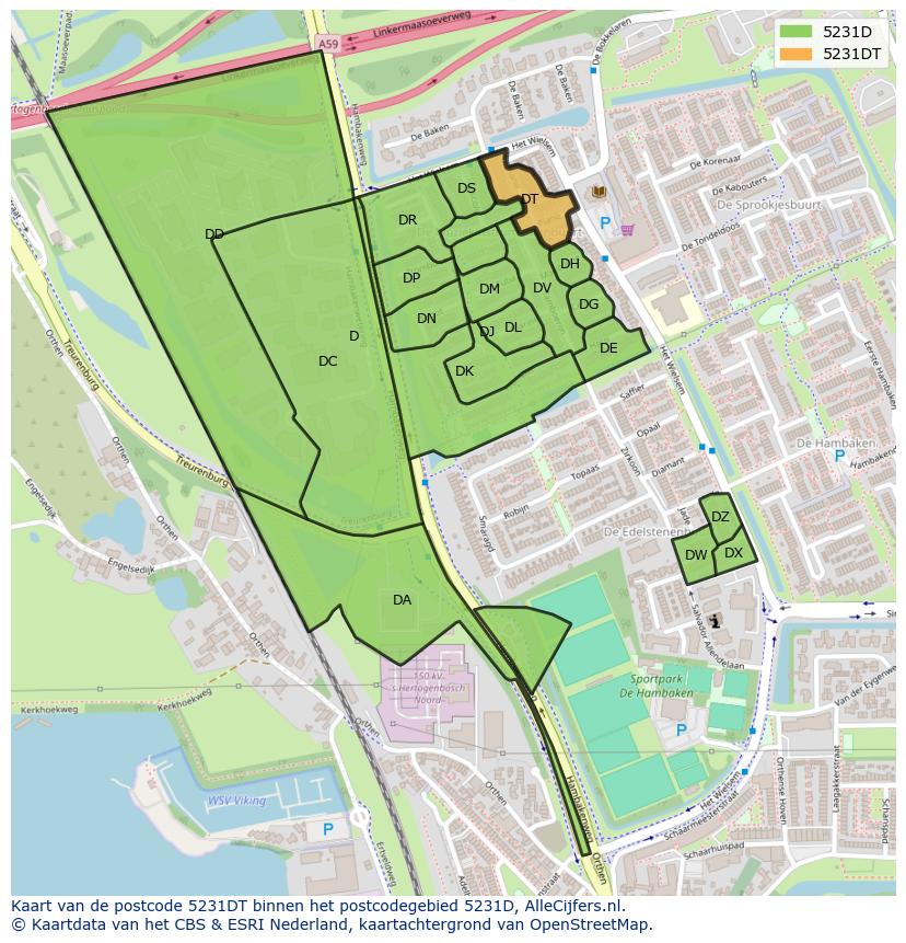 Afbeelding van het postcodegebied 5231 DT op de kaart.