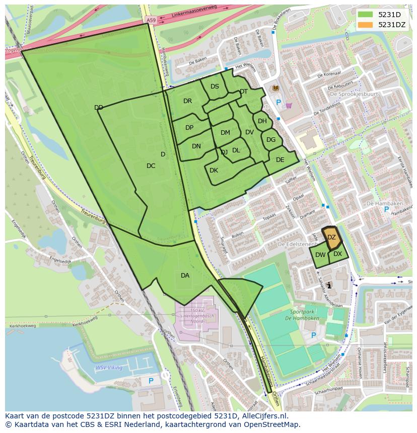 Afbeelding van het postcodegebied 5231 DZ op de kaart.