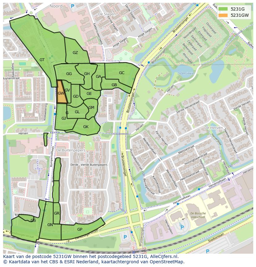 Afbeelding van het postcodegebied 5231 GW op de kaart.