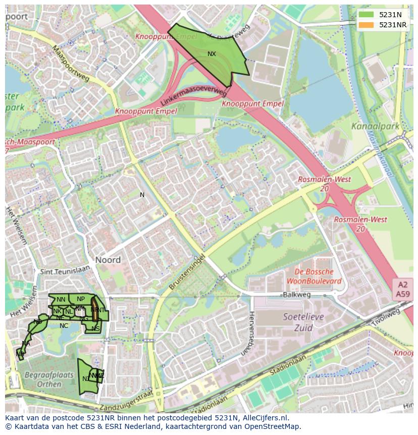 Afbeelding van het postcodegebied 5231 NR op de kaart.