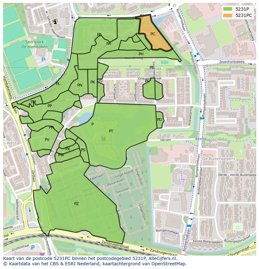 Afbeelding van het postcodegebied 5231 PC op de kaart.