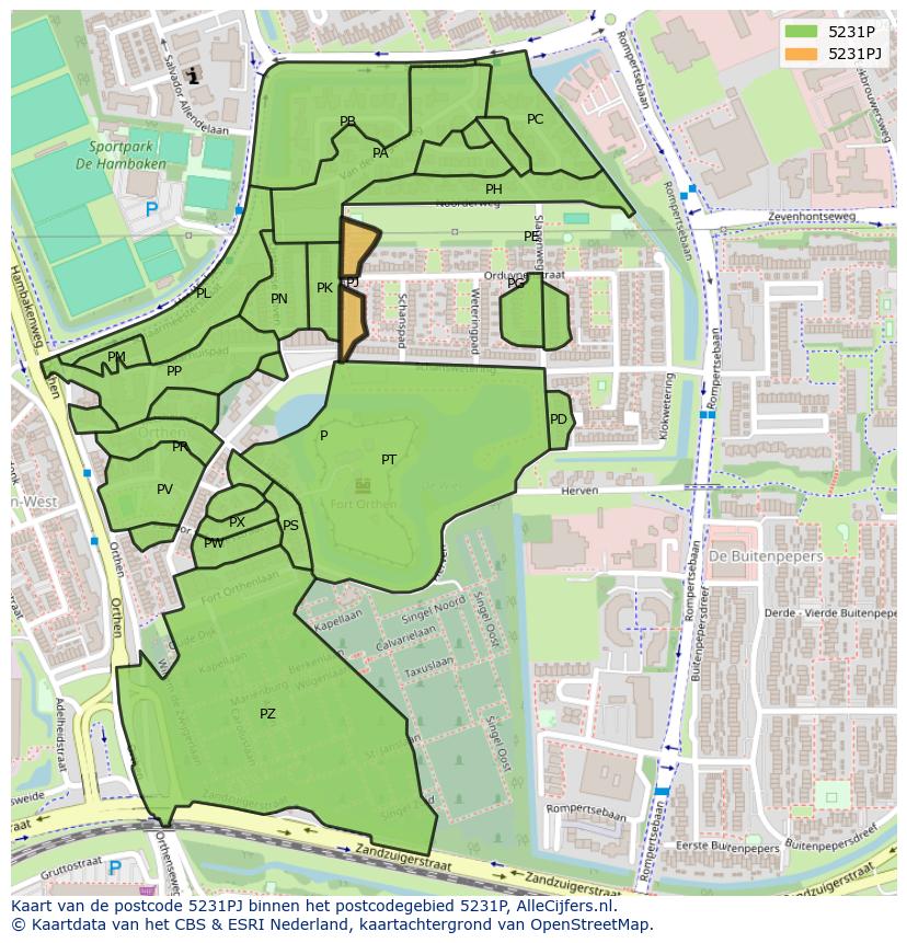 Afbeelding van het postcodegebied 5231 PJ op de kaart.