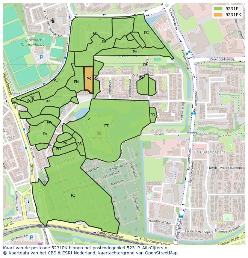 Afbeelding van het postcodegebied 5231 PK op de kaart.