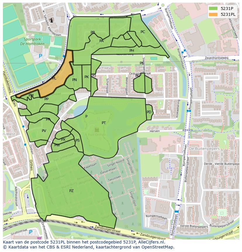Afbeelding van het postcodegebied 5231 PL op de kaart.