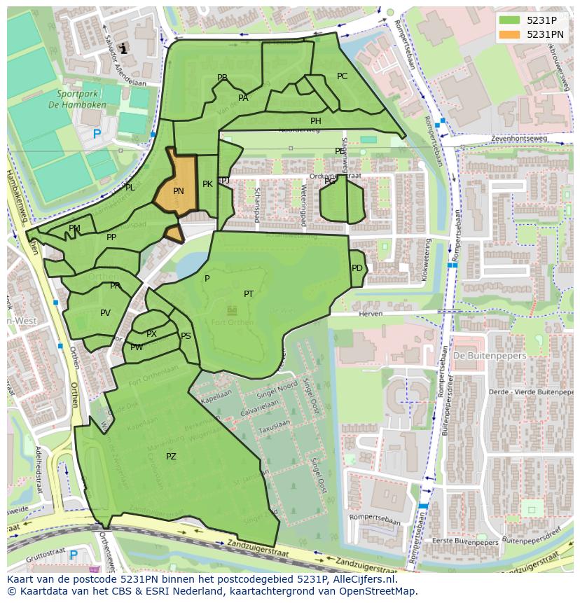Afbeelding van het postcodegebied 5231 PN op de kaart.
